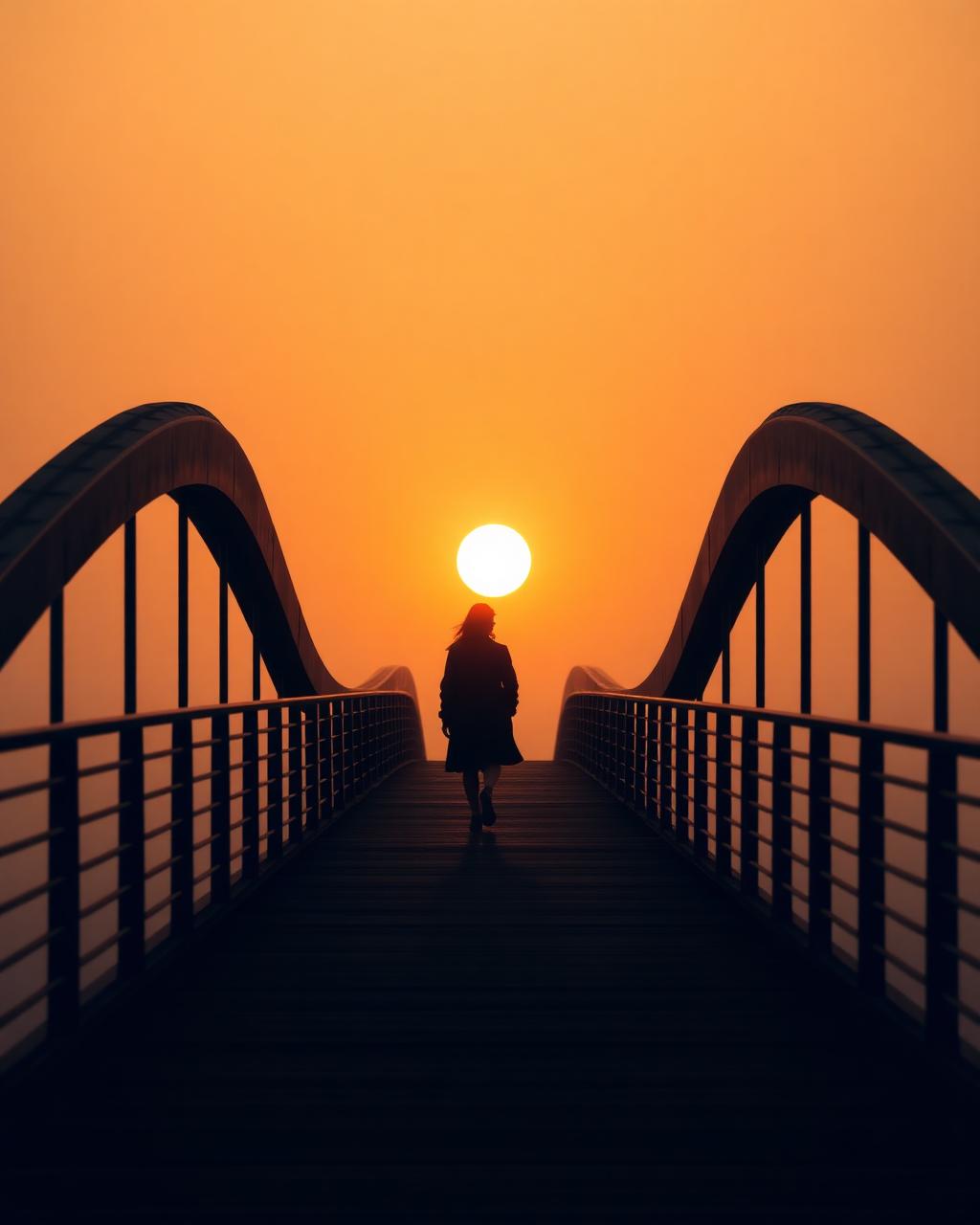 Persona cruzando un puente hacia la luz al amanecer